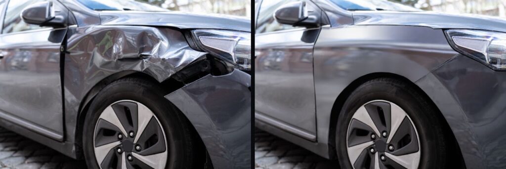 Before and after collision repair on a damaged fender at Spectrum Auto Body in Belle Plaine, MN